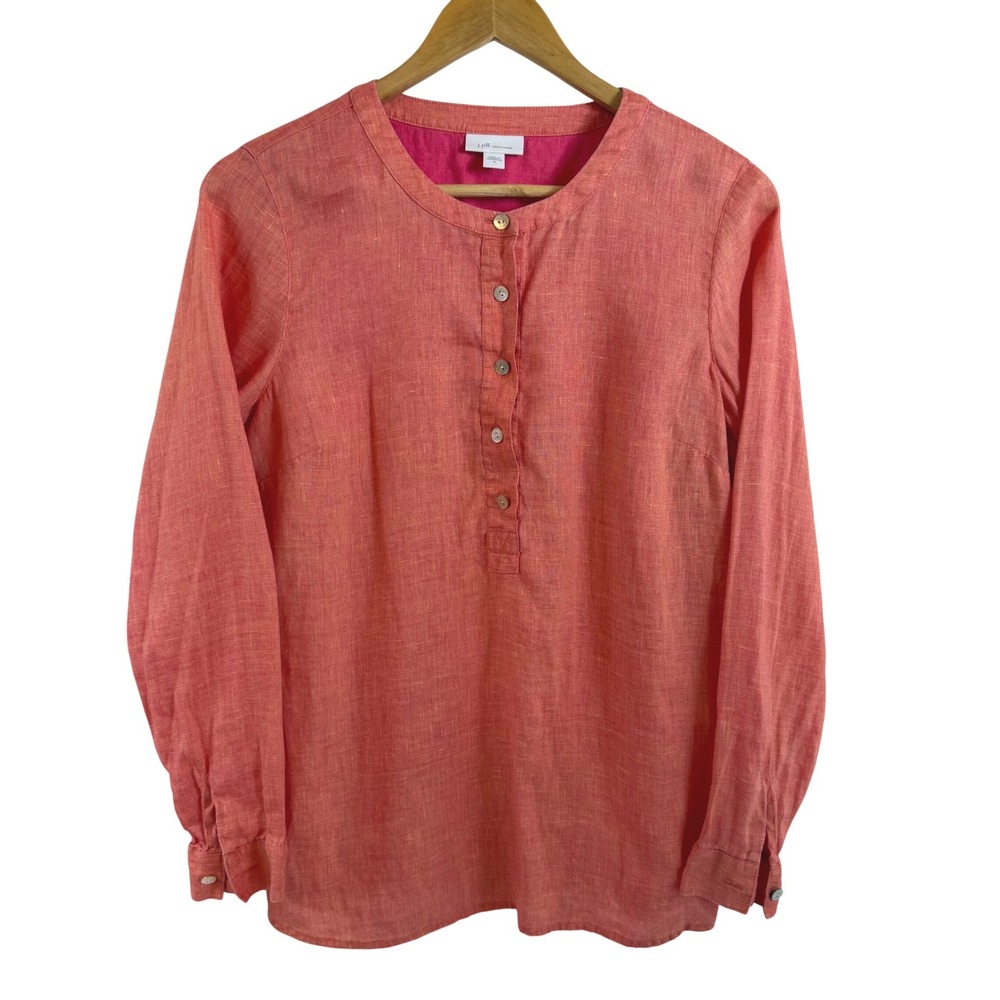 J.Jill Love Linen Button‎ Front Blouse S Coral Pink Coastal Grandma Minimalist